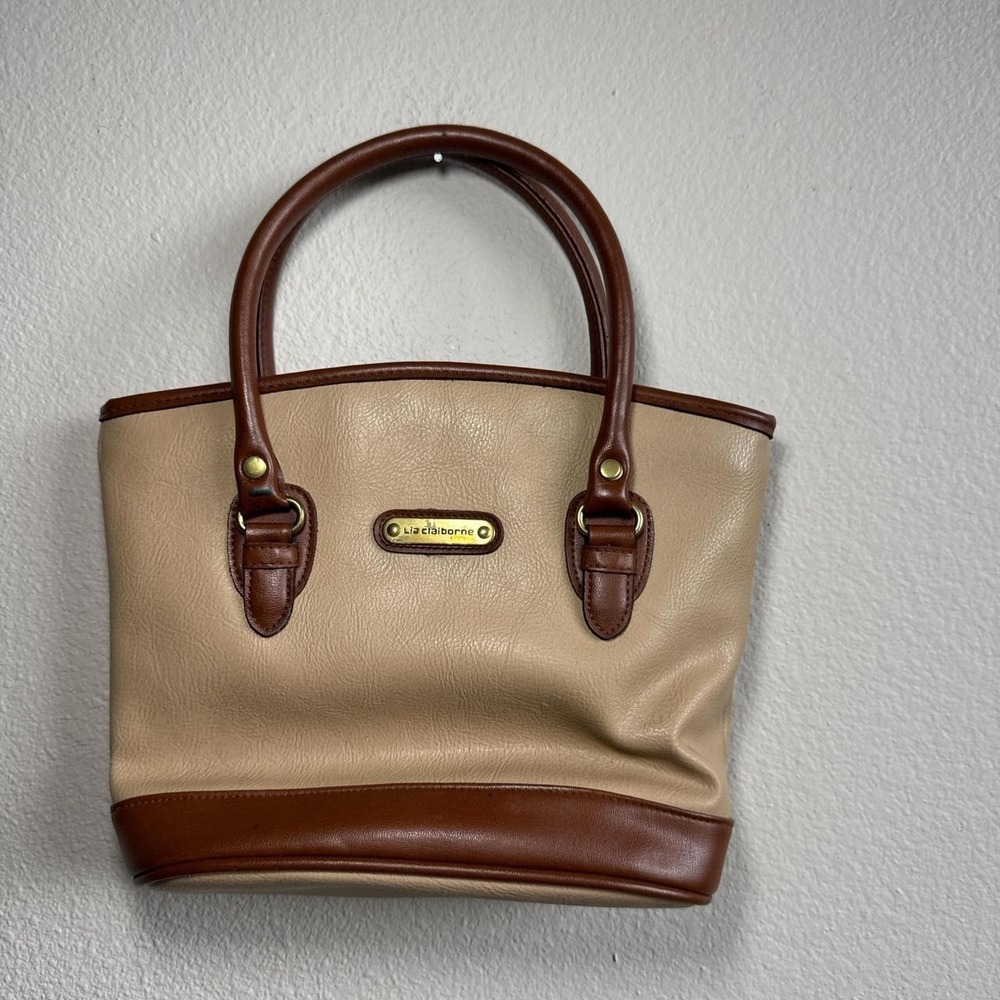 Liz Claiborne Small Satchel Handbag Tan Brown Faux Leather Gold Hardware